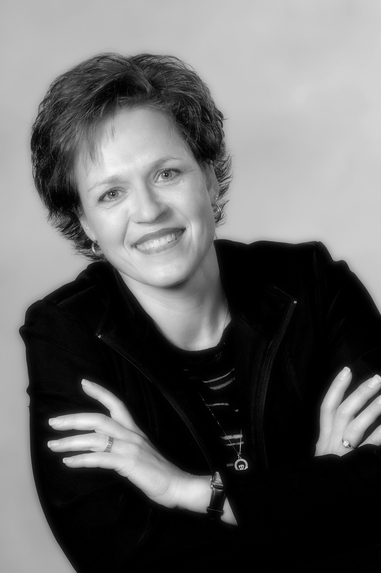 casual portrait of Owens Corning business woman in black and white